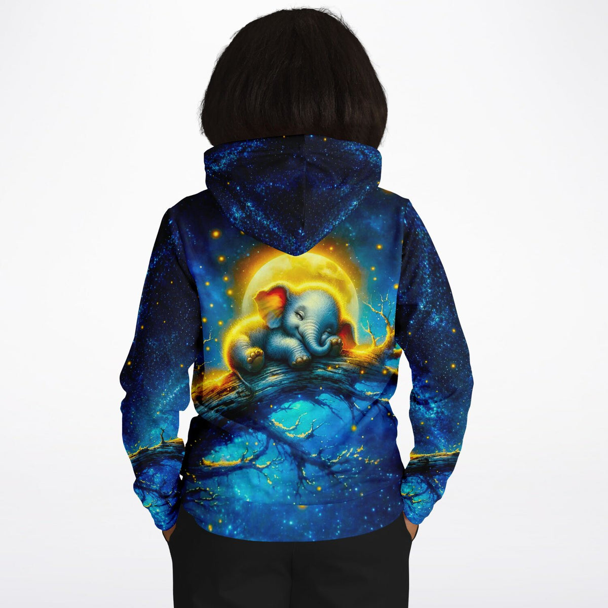 Dreamer Hoodie mit Mondschein Elefant Motiv im Stil von Diamond Painting Kunstwerken und Malen nach Zahlen Designs