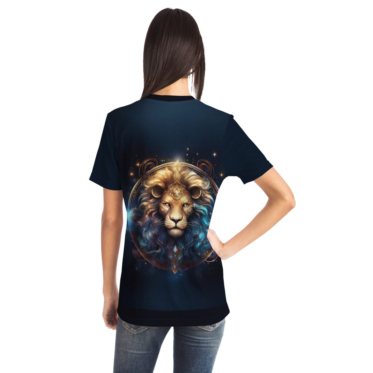 Dunkelblaues T-Shirt mit Löwe Sternzeichen Motiv im Stil von Malen nach Zahlen und Diamond Painting Designs