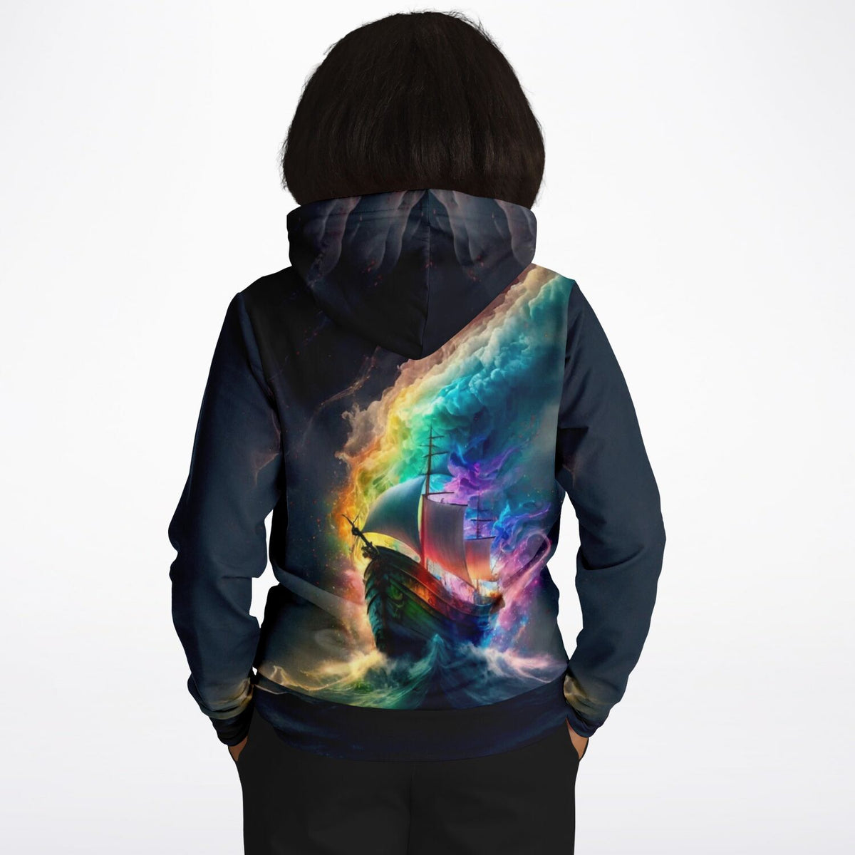 Hoodie mit buntem Schiff im abstrakten Ozean-Motiv, inspiriert durch Malen nach Zahlen und Diamond Painting Ästhetik