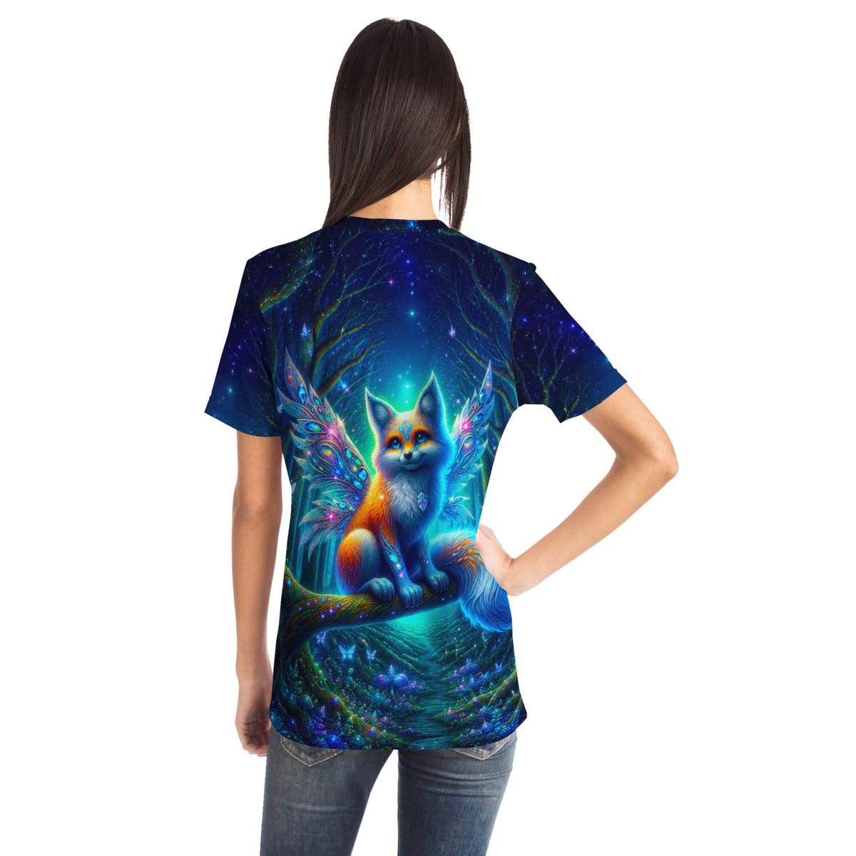 T-Shirt mit magischem Fuchs mit Feenflügeln im Wald, Motiv erinnert an Diamond Painting und Malen nach Zahlen Designs