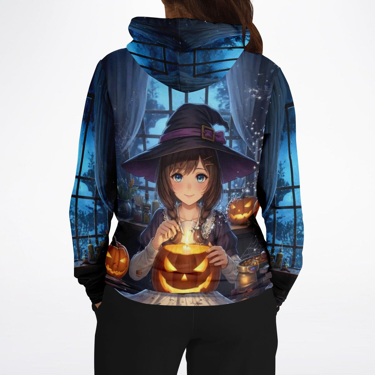 Dreamer Hoodie mit Little Sabrina Anime-Print, Halloween-Motiv mit Hexe und Kürbissen im Voll-Design