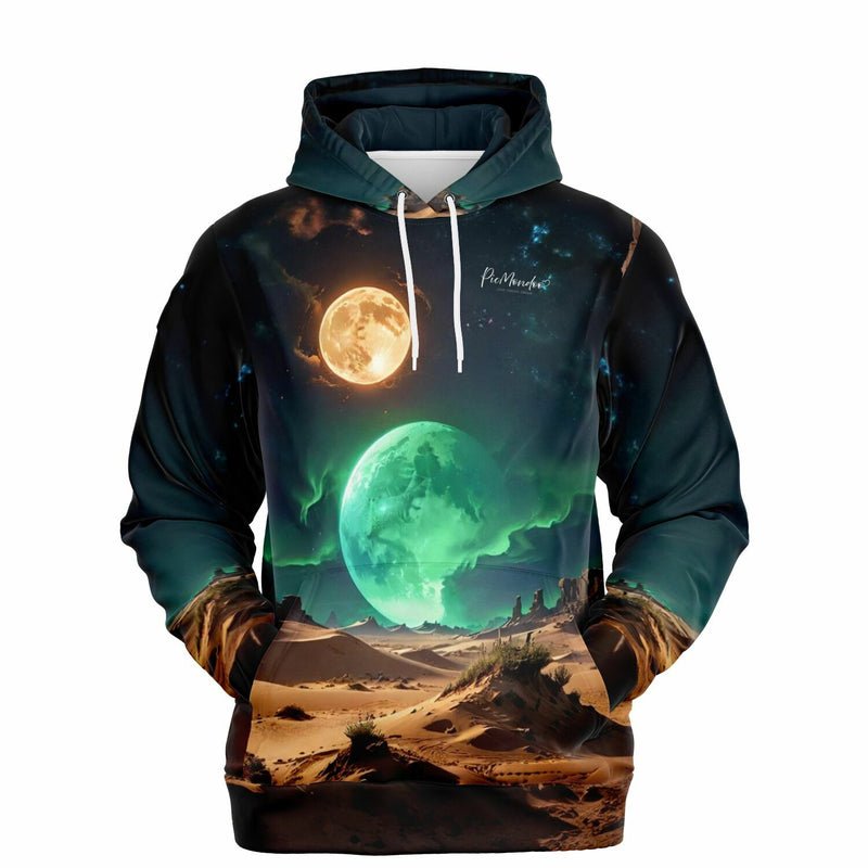 Dreamer Hoodie Finsternis mit Weltraum-Motiv, Mond und Wüstenlandschaft, passend für Diamond Painting Fans.