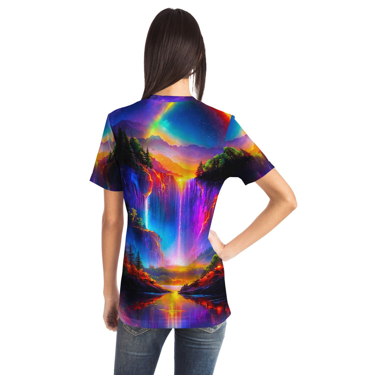 T-Shirt mit buntem Wasserfall-Motiv, inspiriert von Malen nach Zahlen und Diamond Painting Designs für Kunstfans