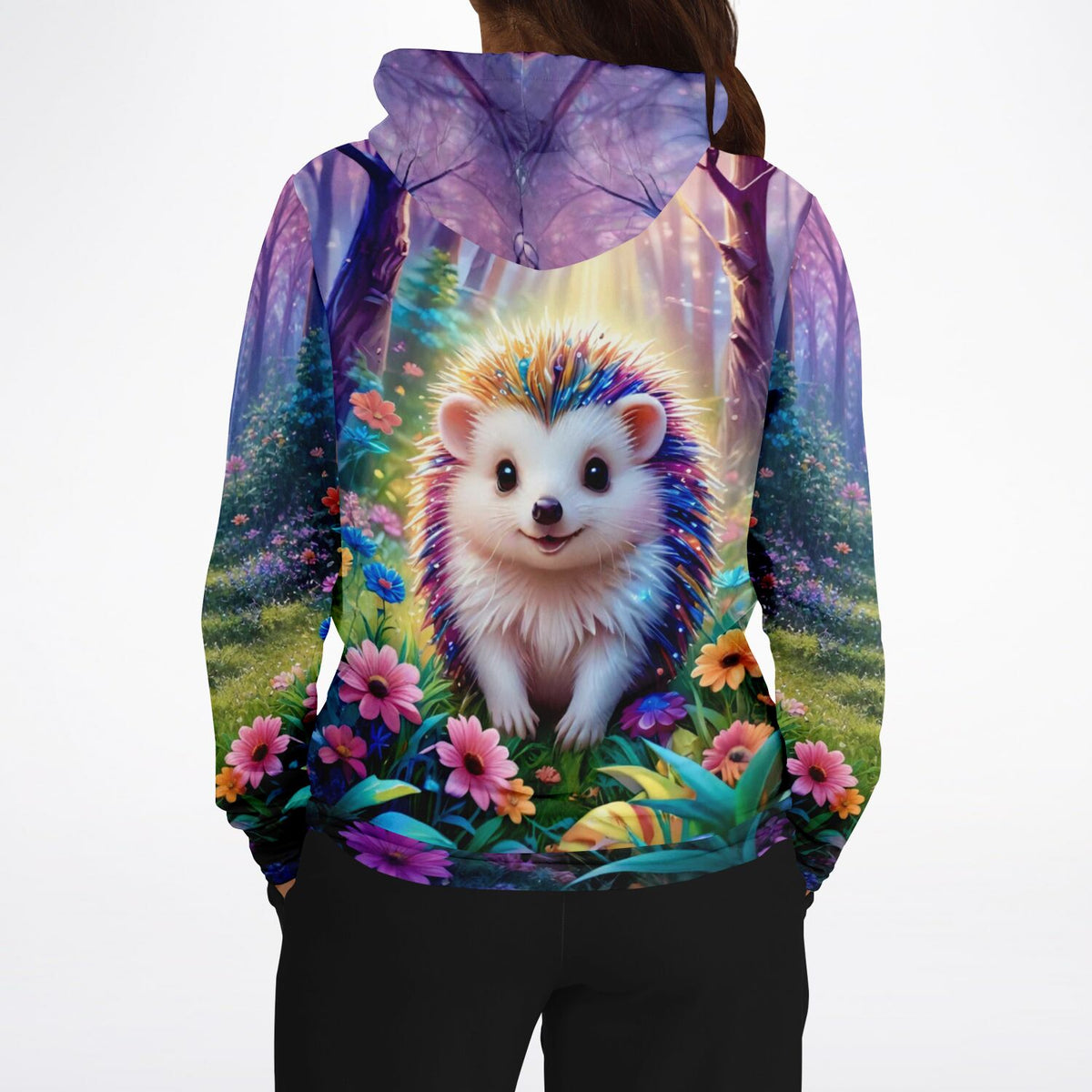 Dreamer Hoodie mit Igel Stups Motiv, farbenfroher Igel im Blumenwald, hochwertiger Druck passend zu Diamond Painting Art