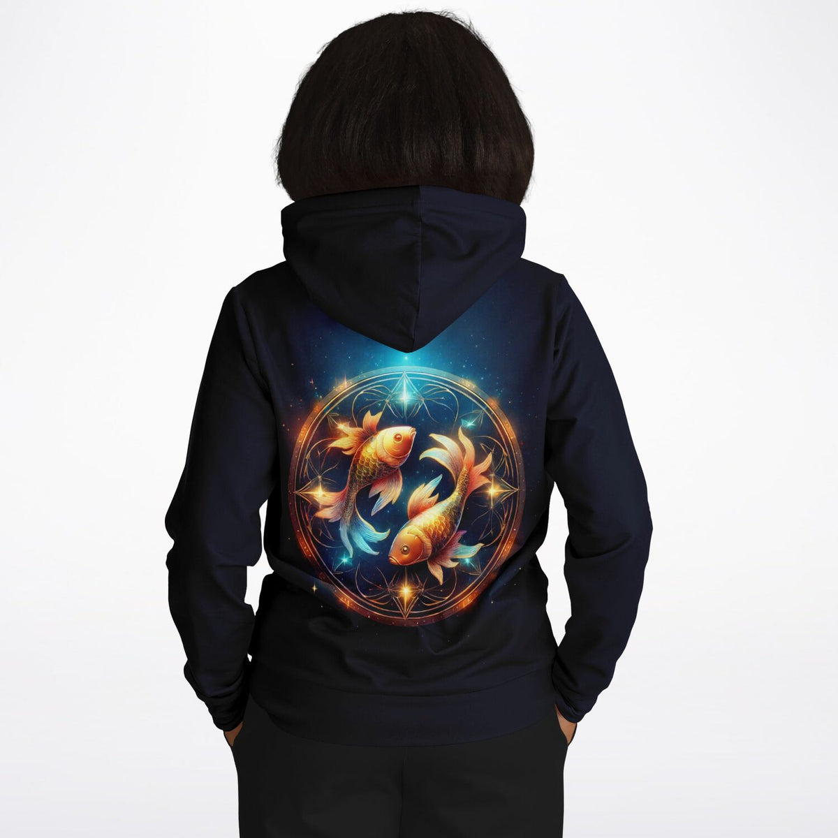Schwarzer Hoodie mit leuchtendem Sternzeichen Fisch Motiv im Stil von funkelndem Diamond Painting Design