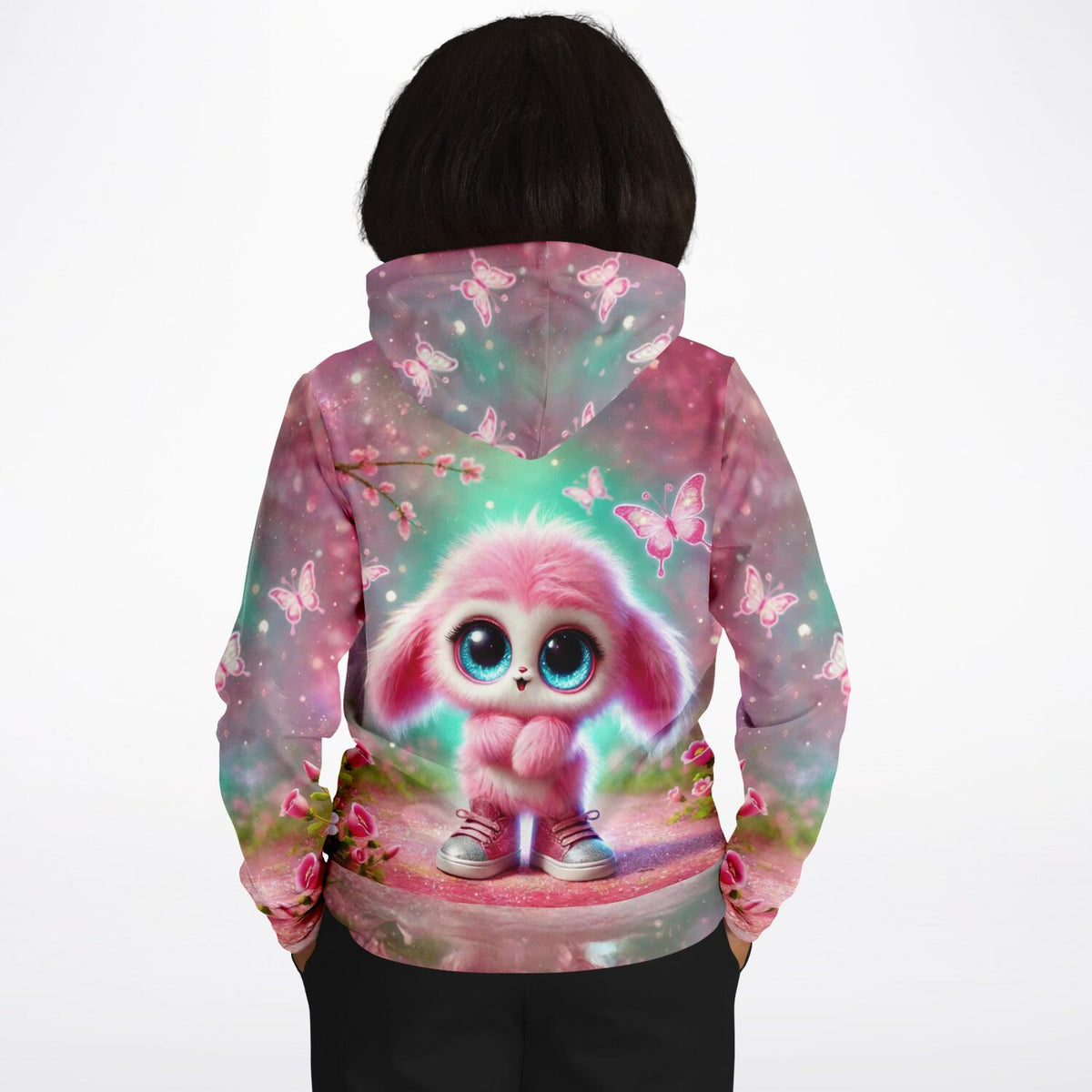 Pinker Dreamer Hoodie mit süßem flauschigen Wesen, Schmetterlingen und floralem Design für Fans von Diamond Painting