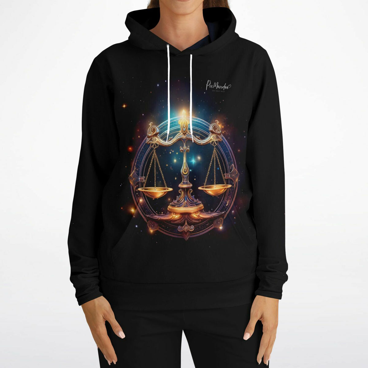 Schwarzer Hoodie mit goldenem Waage-Sternzeichen Motiv im Stil unserer Diamond Painting und Malen nach Zahlen Kunstwerke.