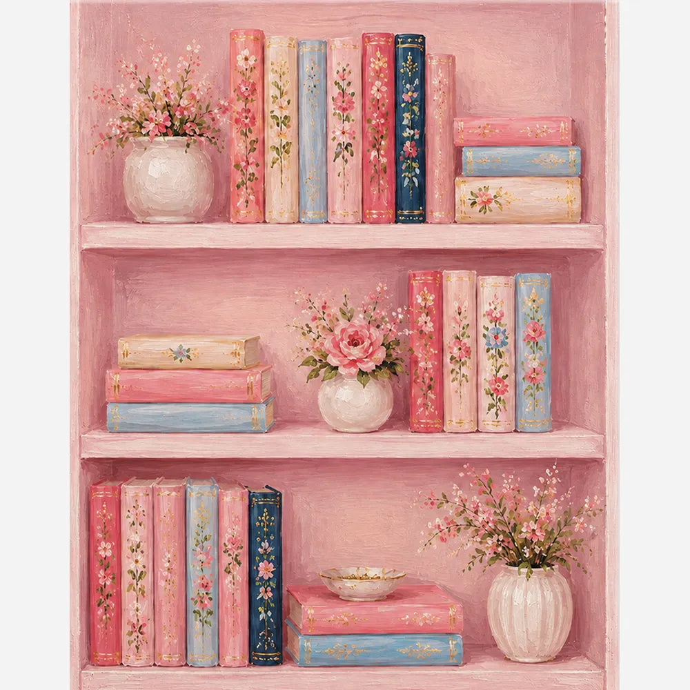 Malen nach Zahlen für Erwachsene: Rosa Bücherregal mit Blumenvasen und floralen Motiven in Pastellfarben