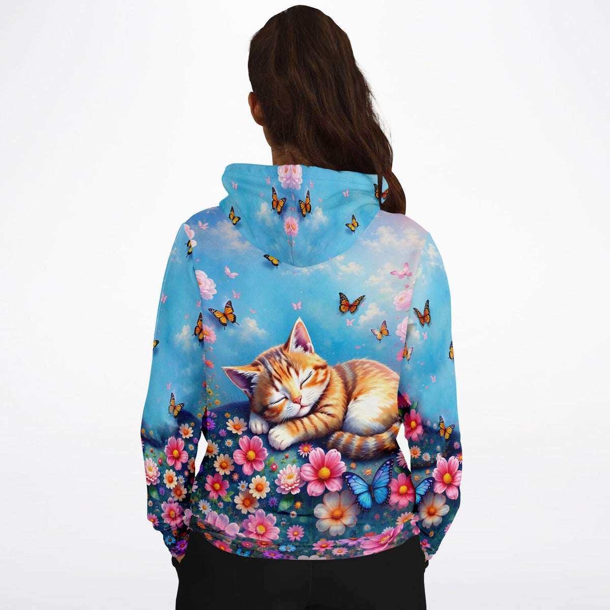 Dreamer Hoodie mit Motiv schlafendes Kätzchen, Blumen und Schmetterlingen im Stil von Diamond Painting Kunst
