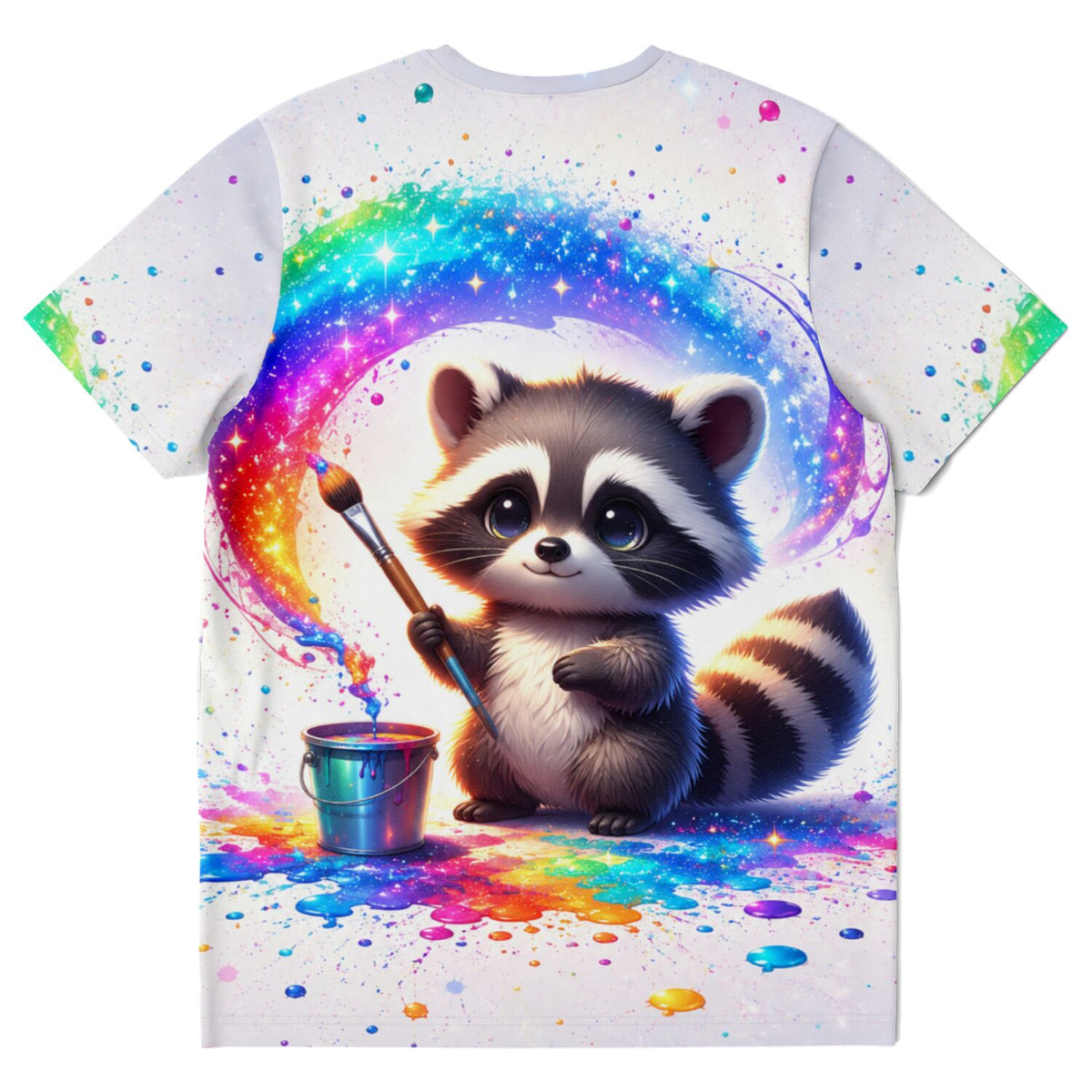 Weißes T-Shirt mit buntem Waschbär-Motiv, perfekt für Fans von Malen nach Zahlen und kreativen DIY-Kunstprojekten.