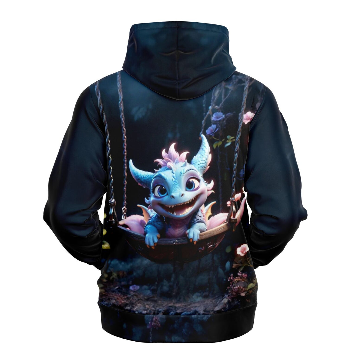 Dunkelblauer Dreamer Hoodie mit blauem Drache auf einer Schaukel, passend zu beliebten Diamond Painting Motiven