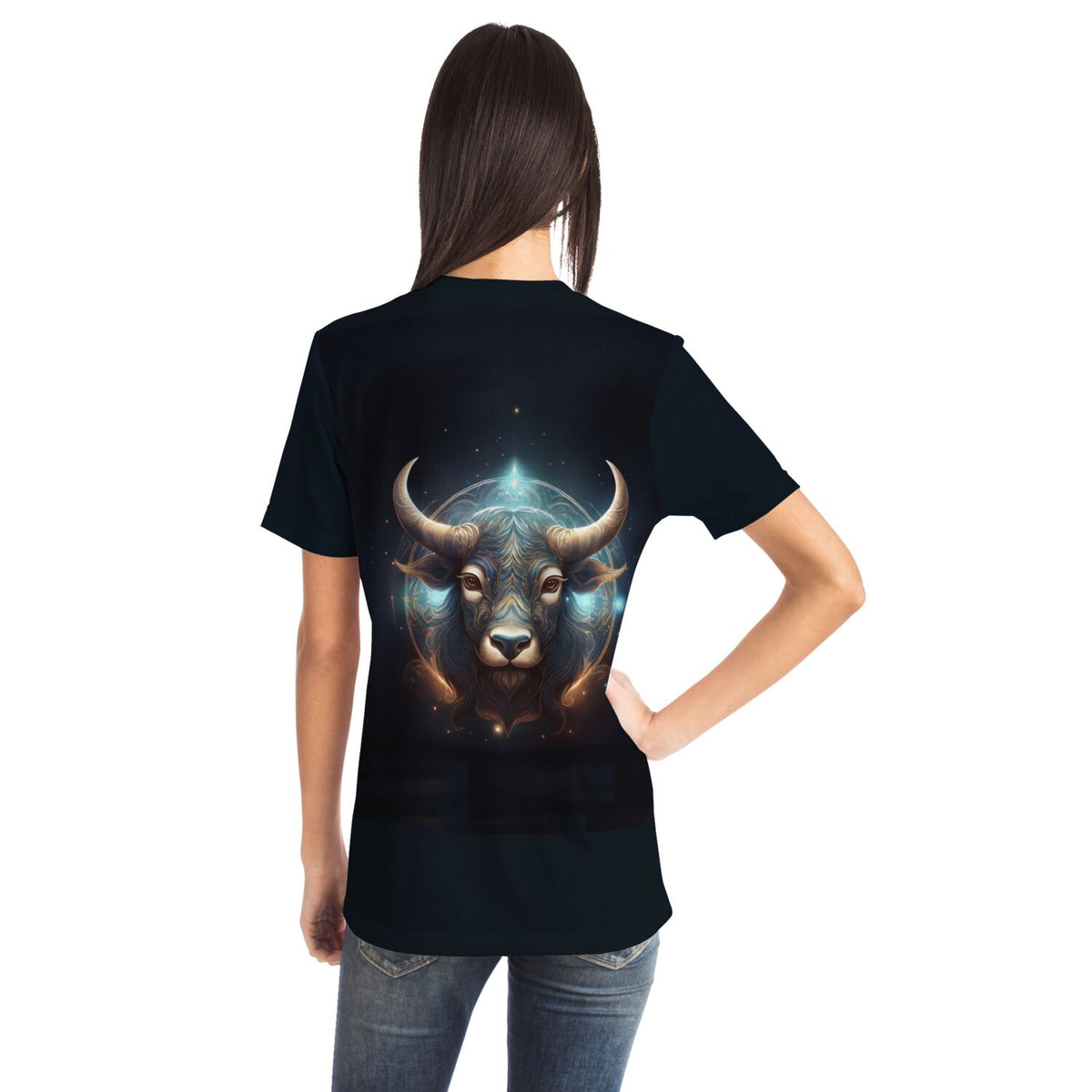 Schwarzes T-Shirt mit mystischem Stier-Sternzeichen Motiv als Rückenprint im Kunst-Design für Damen