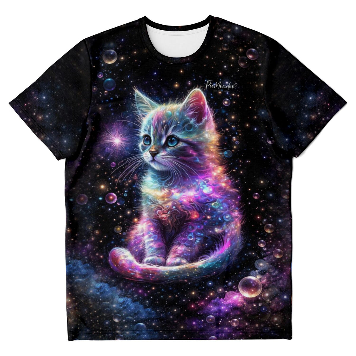 T-Shirt mit buntem Kätzchen im Weltraum Design, inspiriert von Diamond Painting und Malen nach Zahlen Motiven.