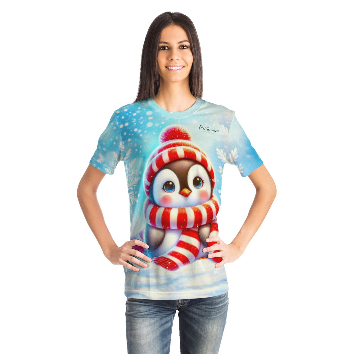 Frau trägt ein T-Shirt mit süßem Pinguin Pixie Motiv im Winter-Design, passend zu Diamond Painting und Malen nach Zahlen