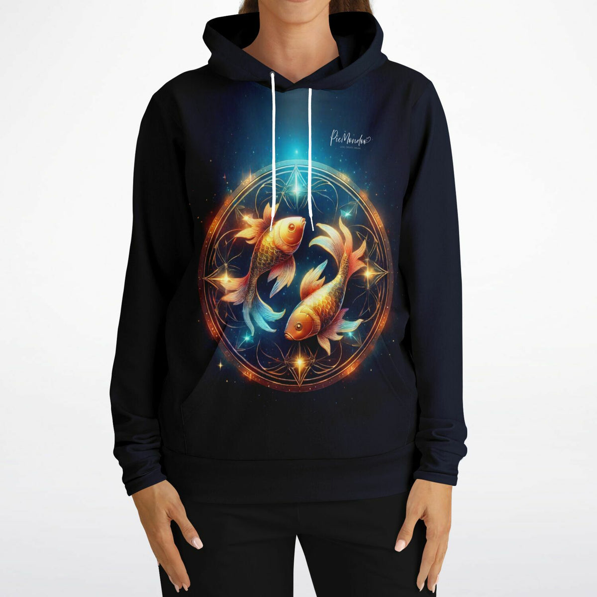 Schwarzer Dreamer Hoodie mit leuchtendem Sternzeichen Fische Motiv im Diamond Painting Stil für kreative Kunstfans