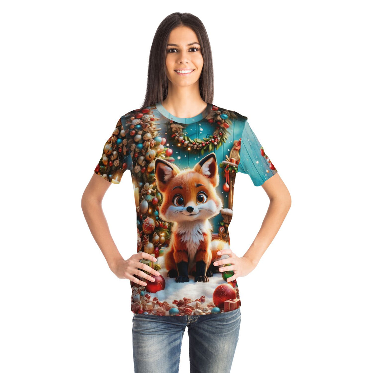 Frau trägt Dreamer T-Shirt mit weihnachtlichem Fuchs-Motiv, das den Stil von Diamond Painting und Malen nach Zahlen zitiert.