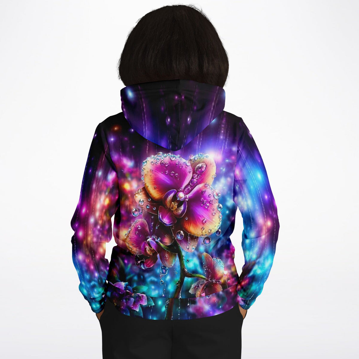 Dreamer Hoodie Regenkuss mit bunter Orchidee und Galaxie-Motiv im Stil von Diamond Painting Kunstwerken
