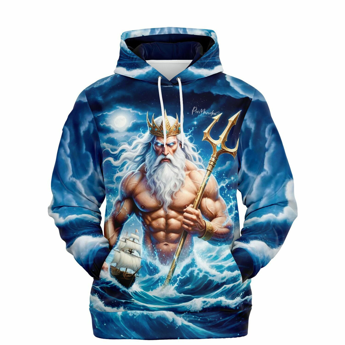 Dreamer Hoodie mit Poseidon Motiv, Meeresgott mit Dreizack vor stürmischer See und Segelschiff im All-Over-Print