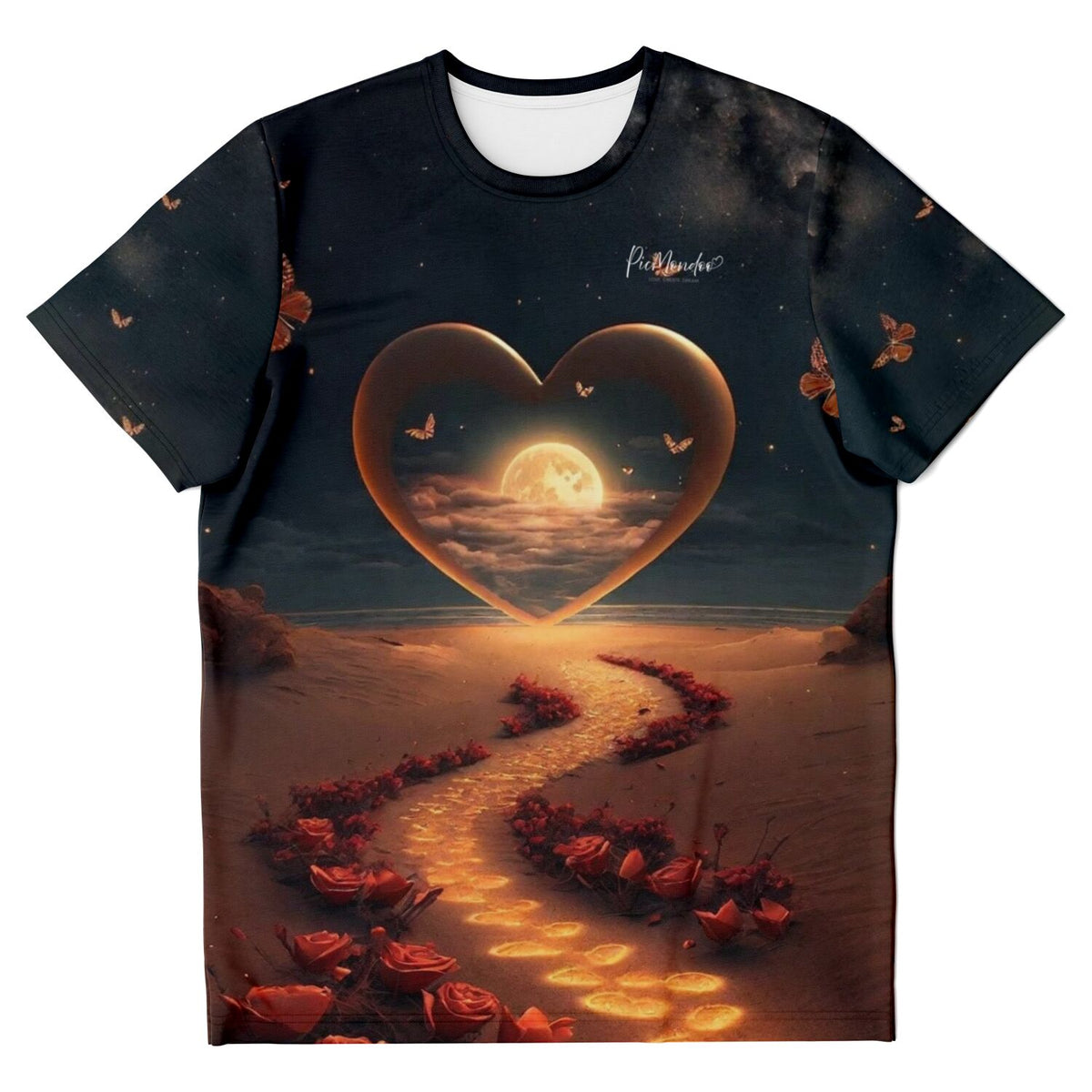 Schwarzes Dreamer T-Shirt mit Herz-Motiv, Vollmond und Rosen-Weg, passend zu Diamond Painting und Malen nach Zahlen Stil.