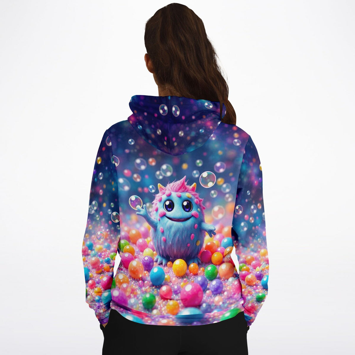 Dreamer Hoodie mit buntem Muffti-Monster Design und Seifenblasen-Print für Fans von Diamond Painting und DIY-Kunst
