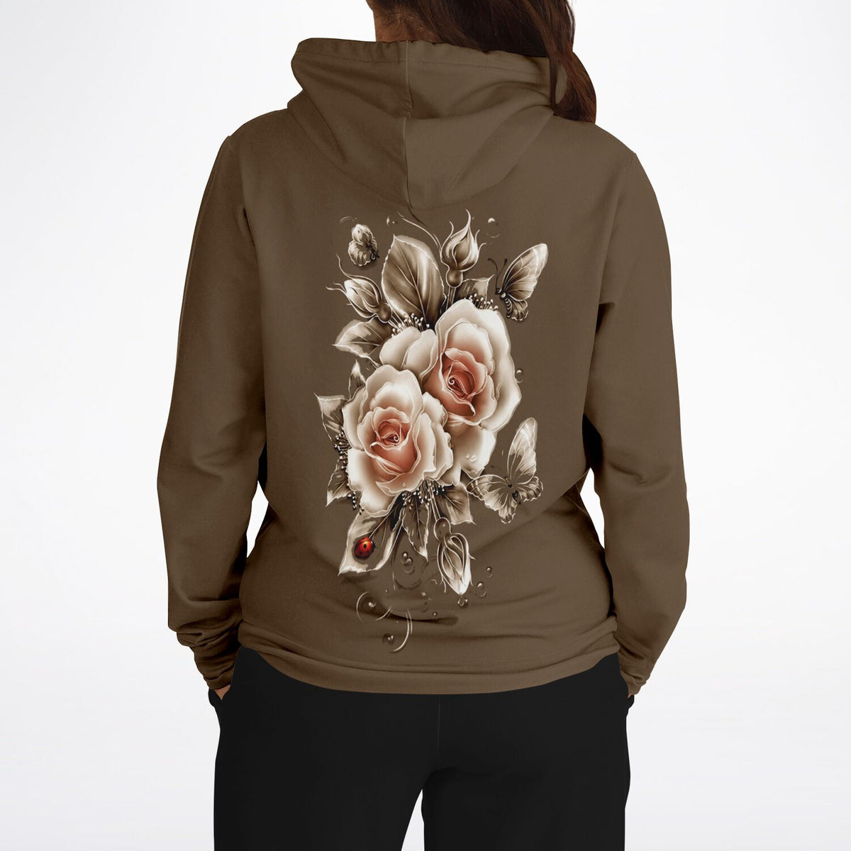 Brauner Hoodie mit künstlerischem Motiv aus goldenen Rosen, Schmetterlingen und Marienkäfer für DIY-Fans