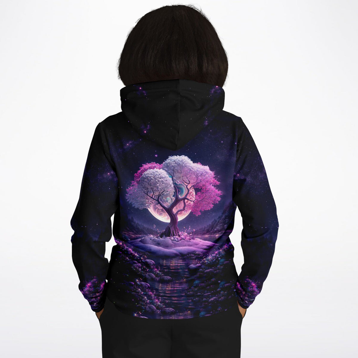 Dreamer Hoodie mit pinkem Baum im Nachthimmel-Design, ideal für Fans von Diamond Painting und Malen nach Zahlen Motiven.