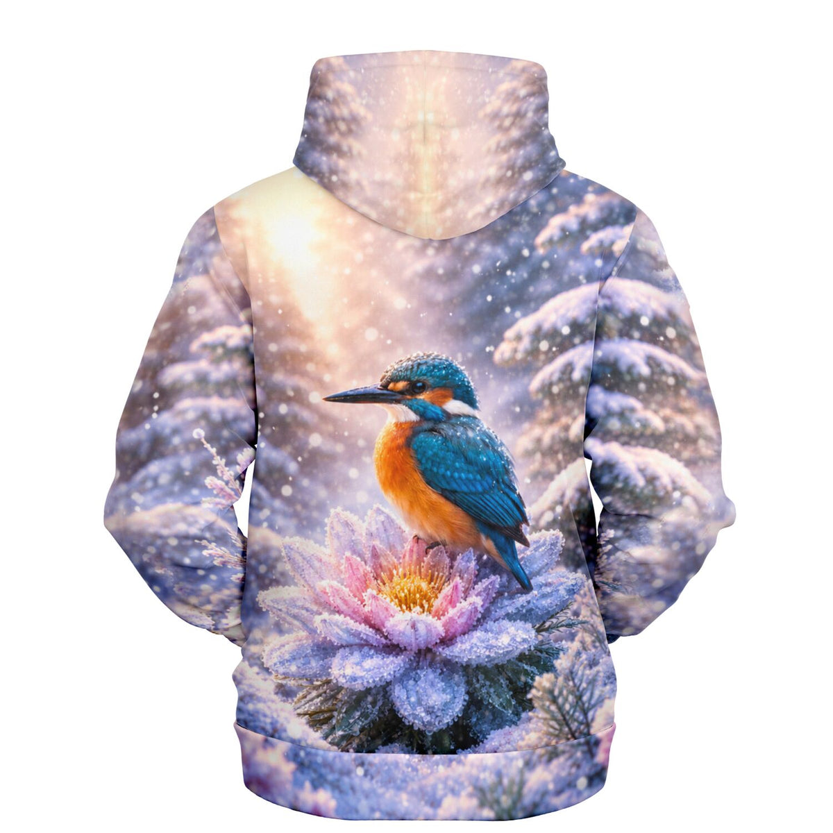 Dreamer Hoodie mit Eisvogel auf einer verschneiten Blume, perfekt als Motiv für Diamond Painting oder Malen nach Zahlen