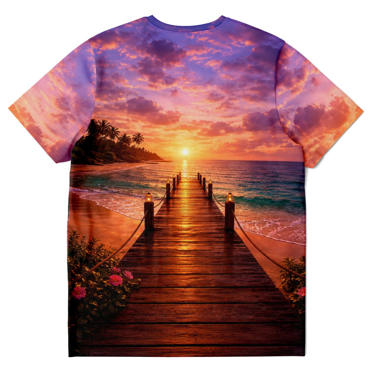T-Shirt mit traumhaftem Steg am Strand bei Sonnenuntergang, Motiv inspiriert von Malen nach Zahlen und Diamond Painting