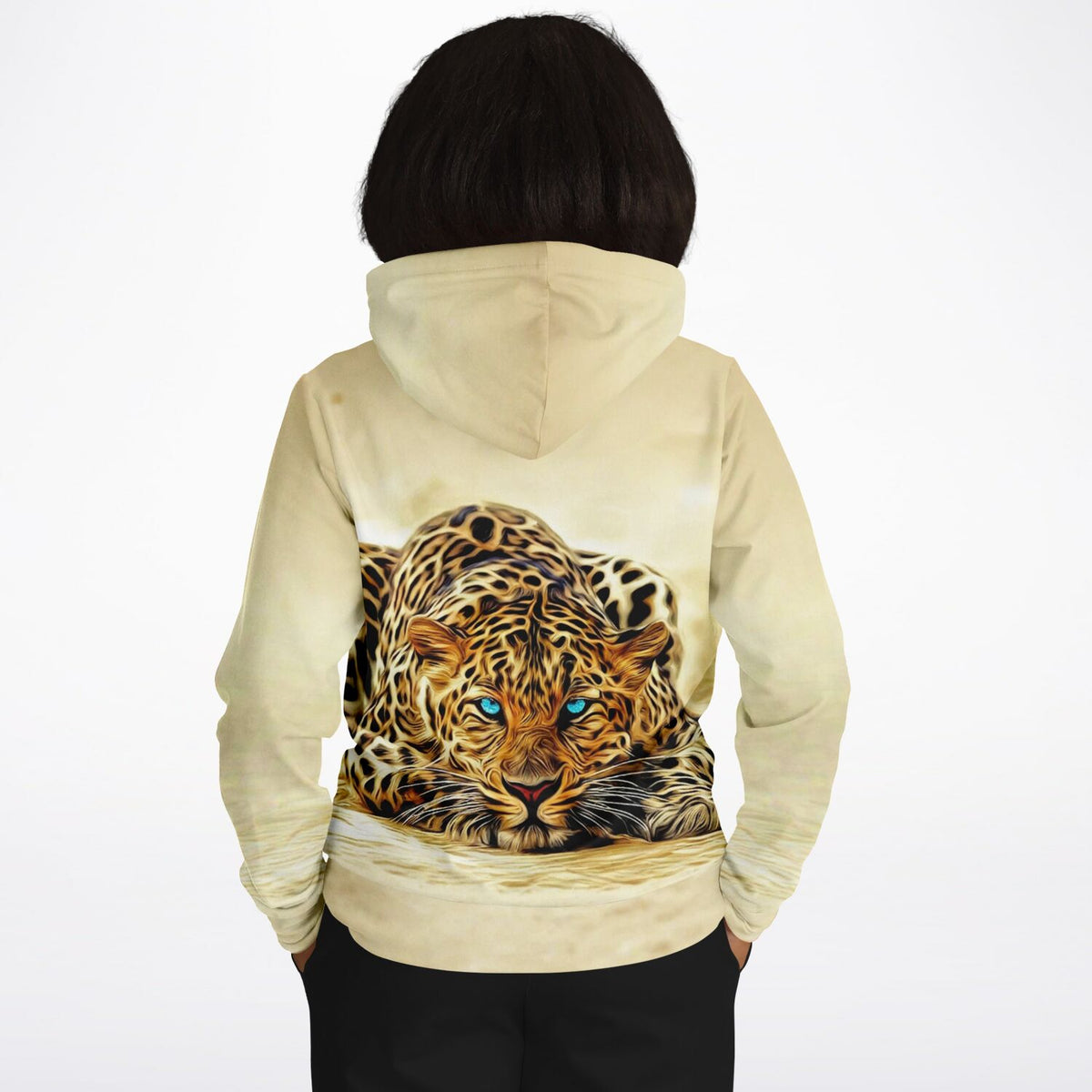 Hoodie mit Leoparden Motiv und leuchtend blauen Augen, perfekt für Fans von Diamond Painting und Malen nach Zahlen