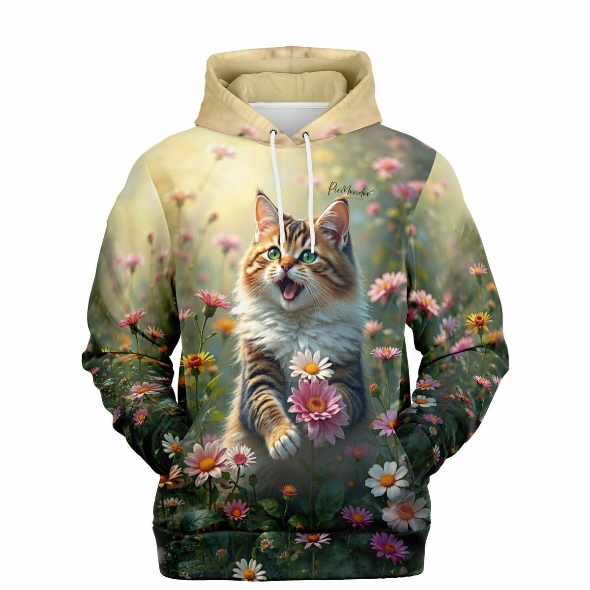 Dreamer Hoodie Lucy mit süßem Katzen-Motiv in Blumenwiese, perfekt für Fans von Diamond Painting und Malen nach Zahlen