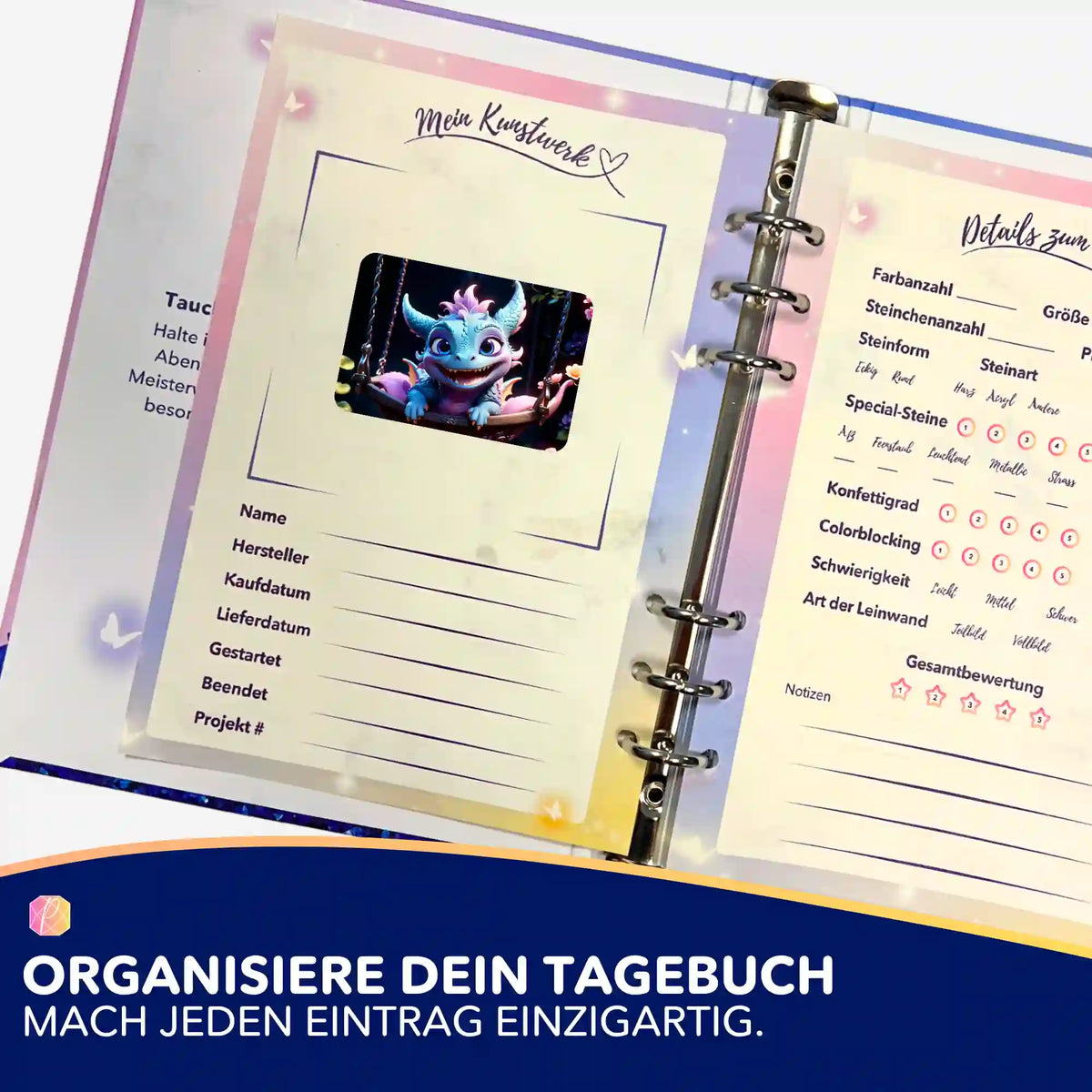 Blue Flatter Dragon Aufkleber in einem Diamond Painting Tagebuch zur Organisation von DIY-Bastelsets.