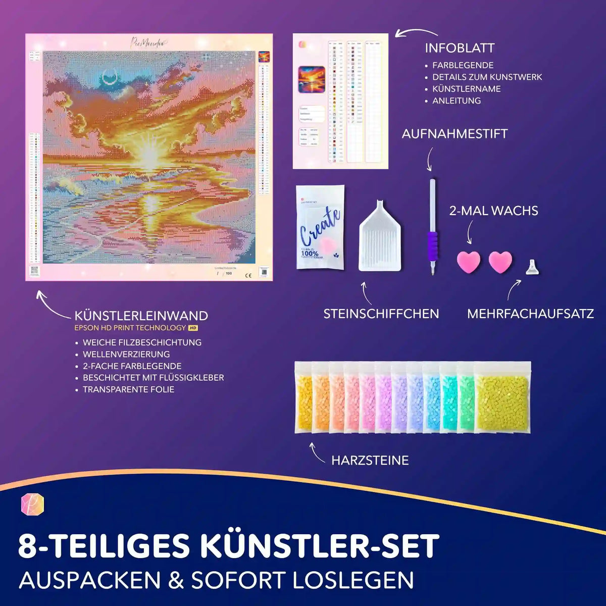 Picmondoo Diamond Painting Set mit 50x50cm Leinwand, Harzsteinen und Zubehör für ein Sonnenuntergang am Meer Motiv.