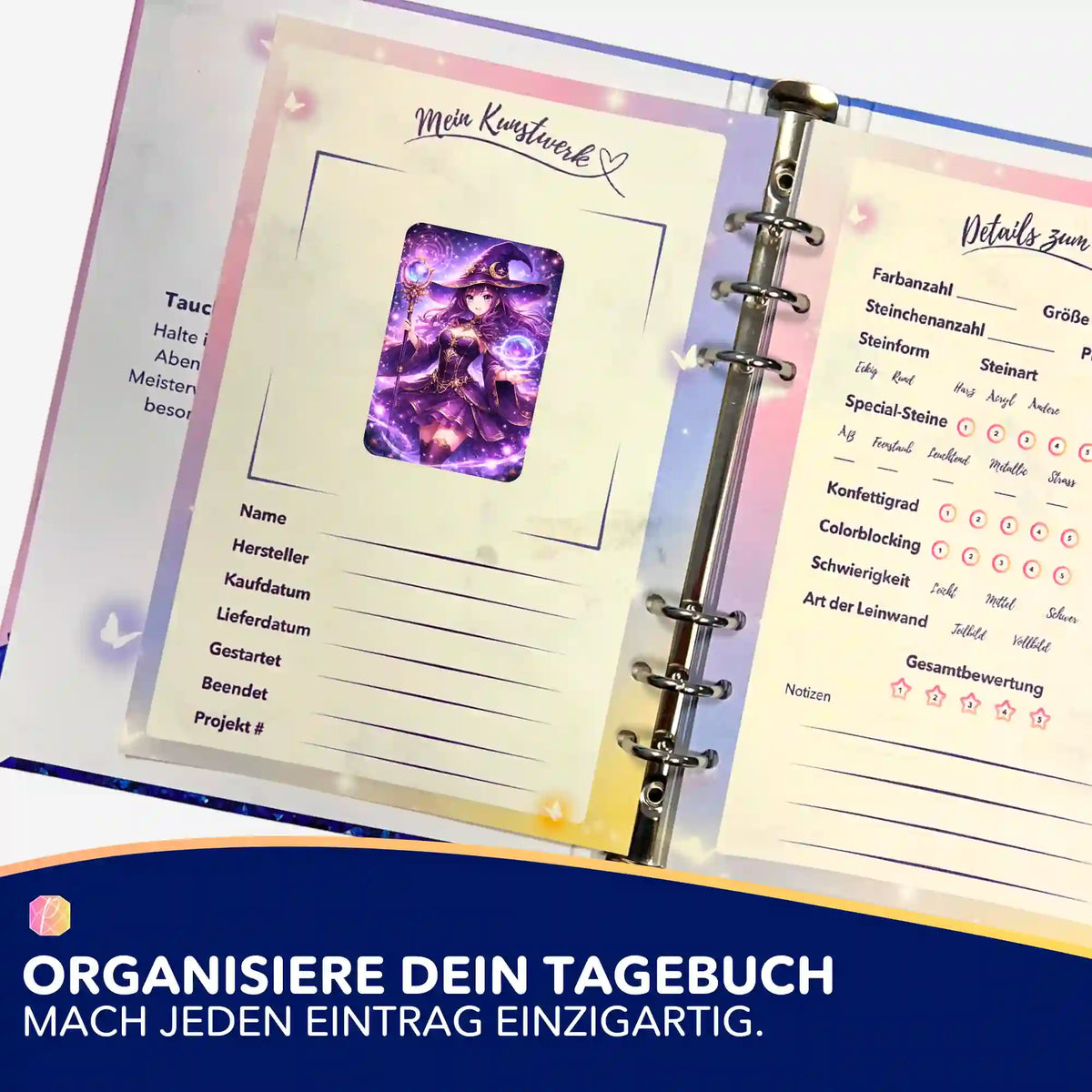 Celestara Aufkleber im Diamond Painting Tagebuch zur Organisation von Projektdetails und Kunstwerken