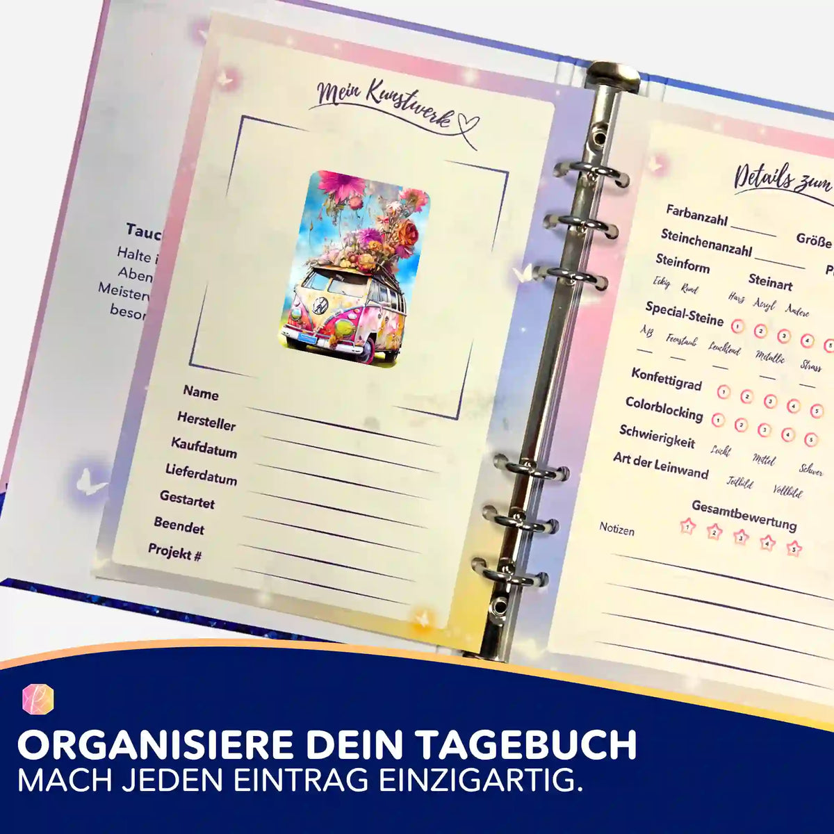 Flower Power Bully Sticker im Diamond Painting Tagebuch zur Organisation von Projekten und kreativen Set-Details