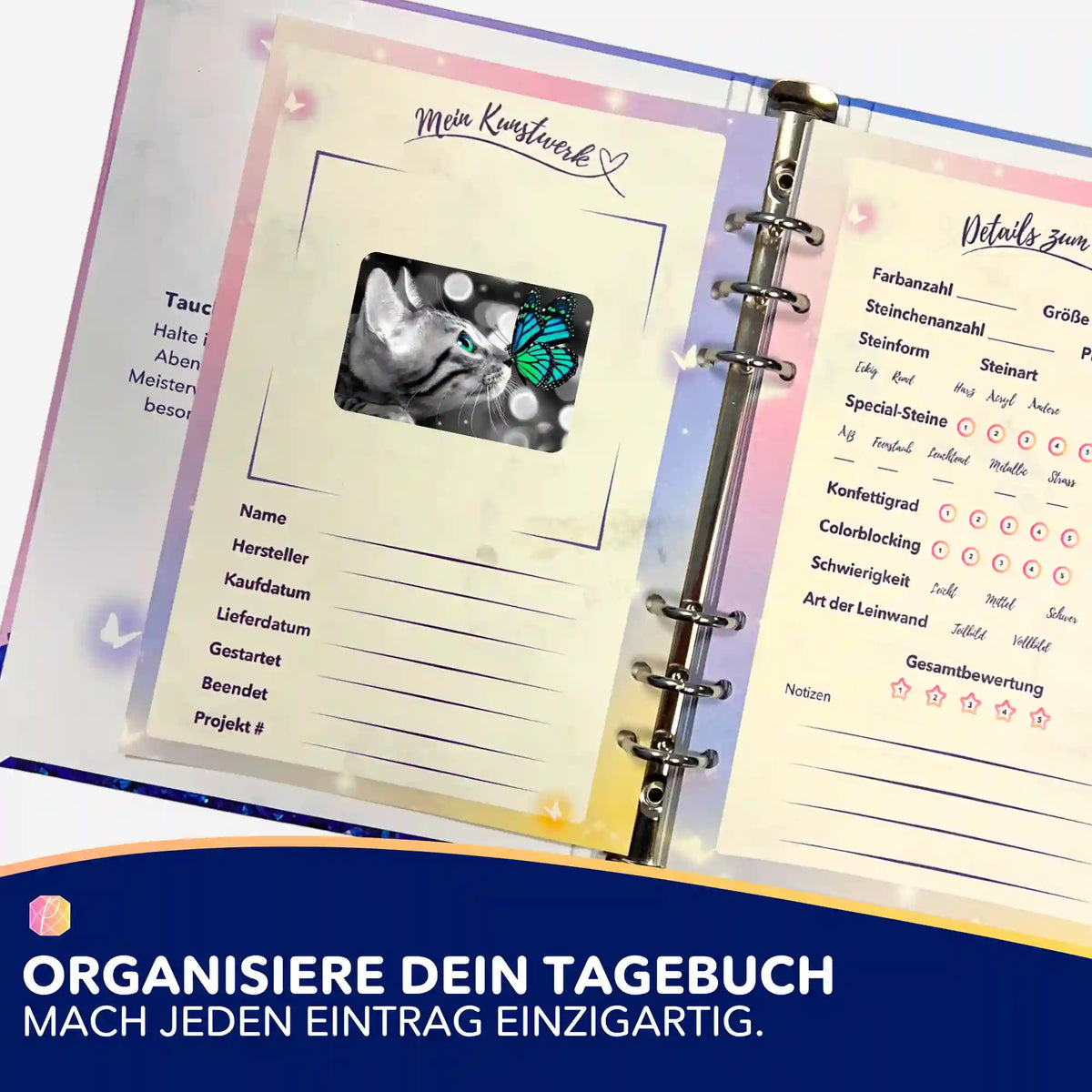 Diamond Painting Tagebuch Sticker mit Katzen Motiv zur Organisation von Kunstwerken und Projekt Details