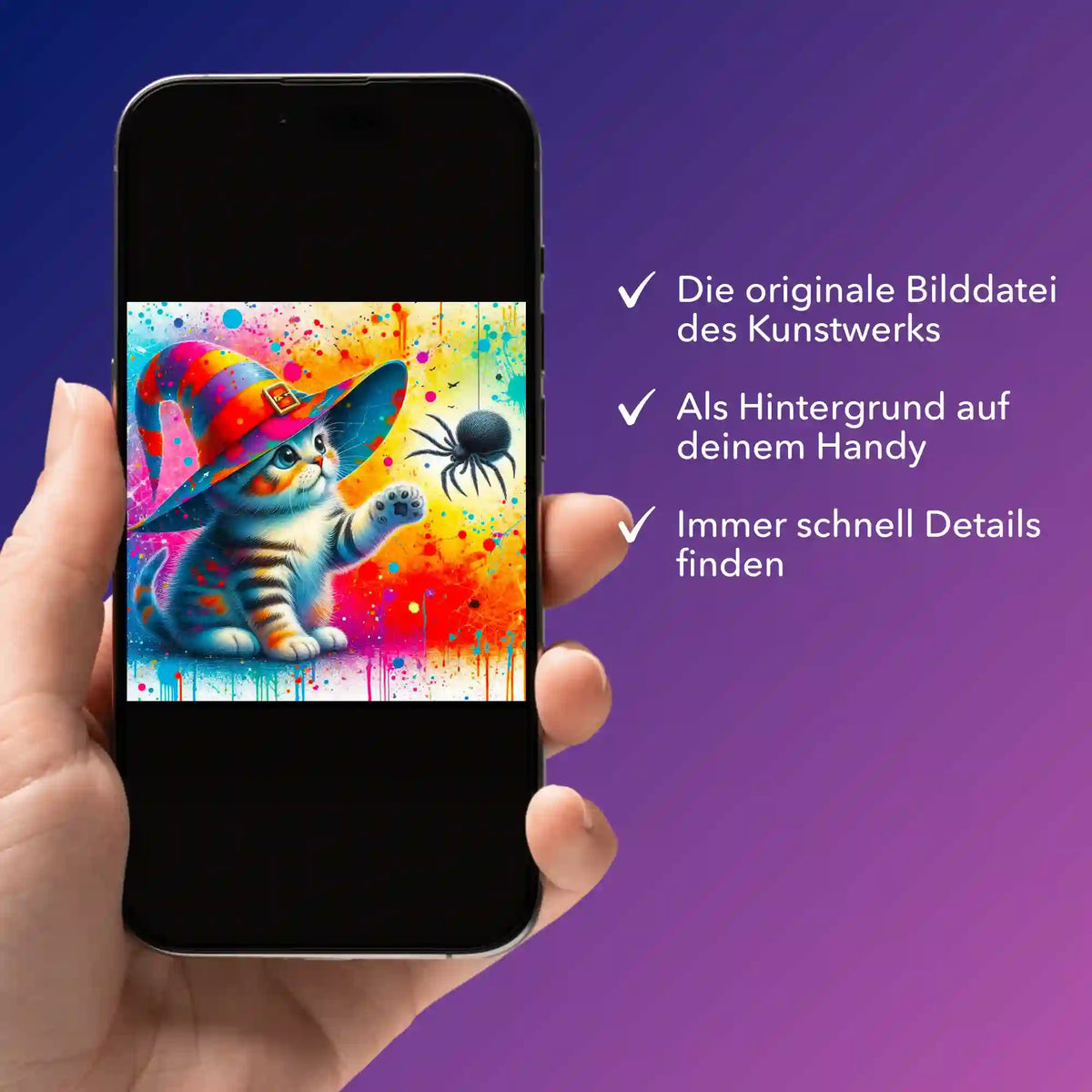 Digitale Bildmappe für Diamond Painting Motiv Kitty Cat die Zauberkatze auf einem Smartphone angezeigt
