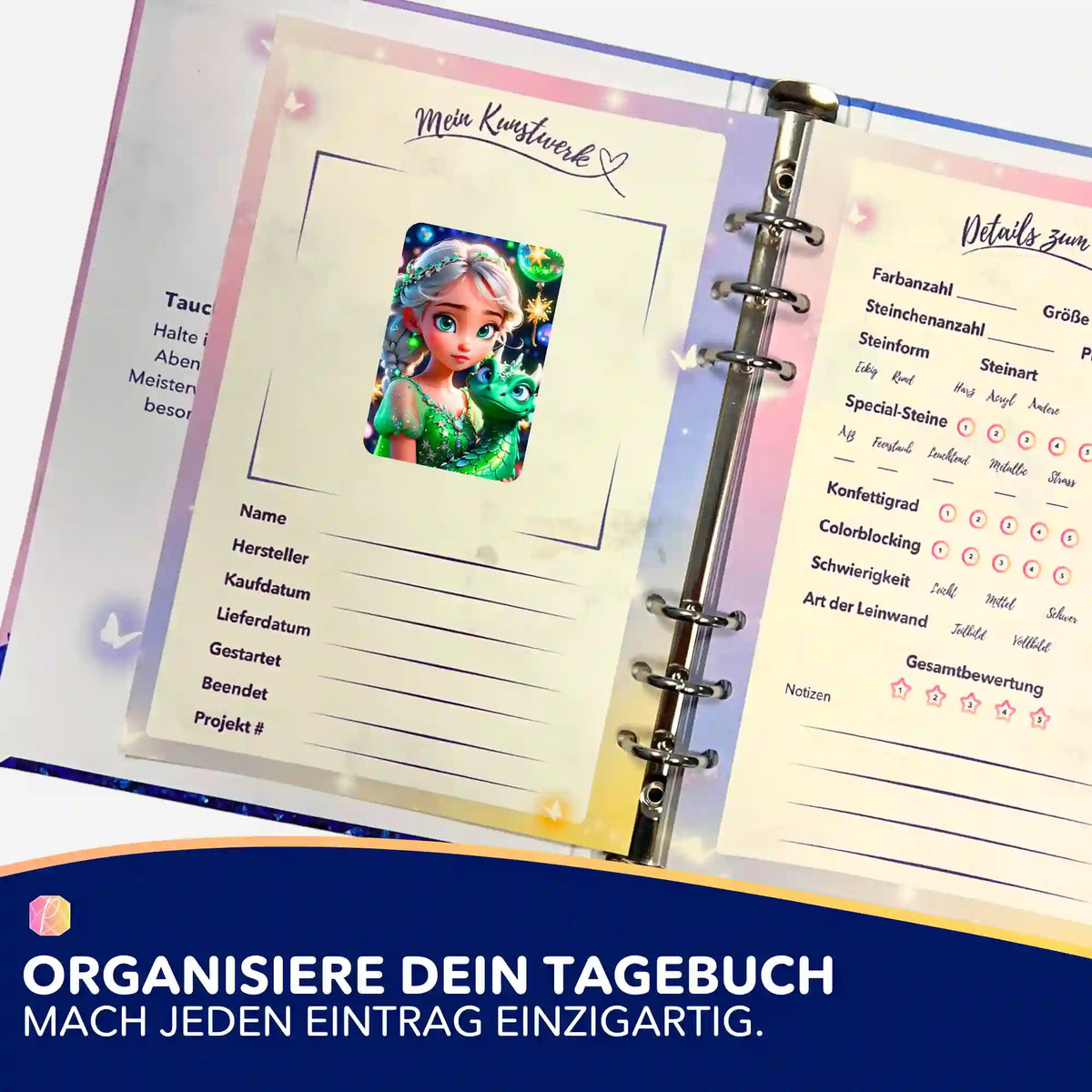 Dragon Girl Aufkleber für das Diamond Painting Tagebuch zur Organisation von Projekten und Kunstwerken
