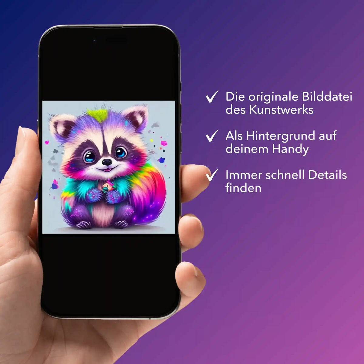 Digitale Bildmappe für Diamond Painting Motiv Waschbär Willibald auf dem Smartphone als Hintergrundbild