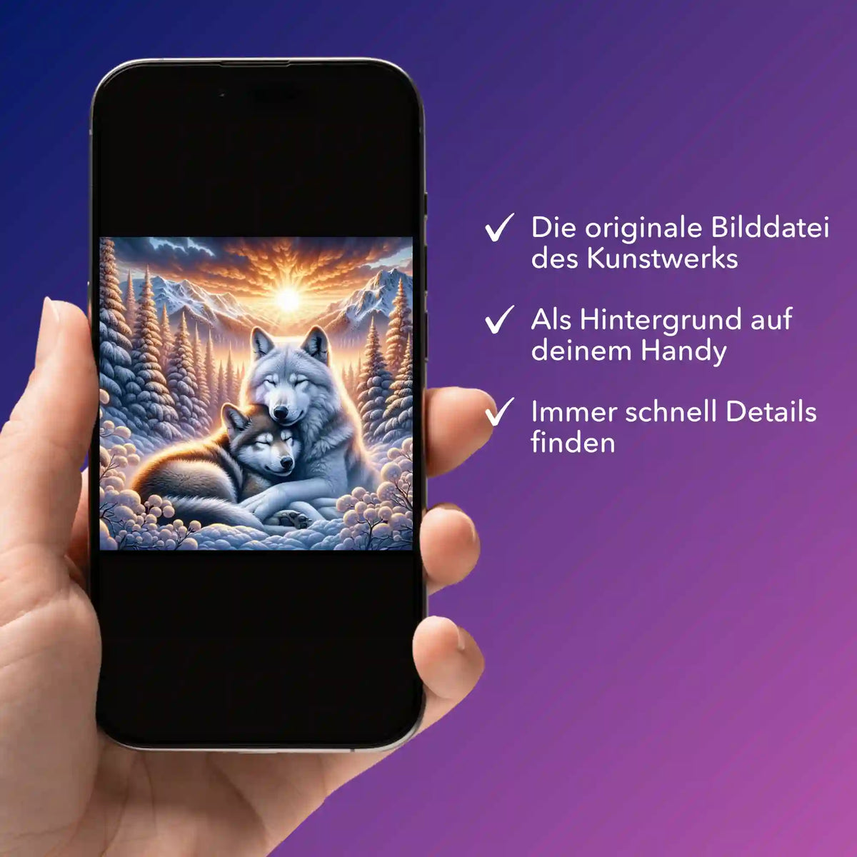 Digitale Bildmappe für Diamond Painting mit Motiv Wolfliebe im Sonnenaufgang auf einem Smartphone angezeigt.