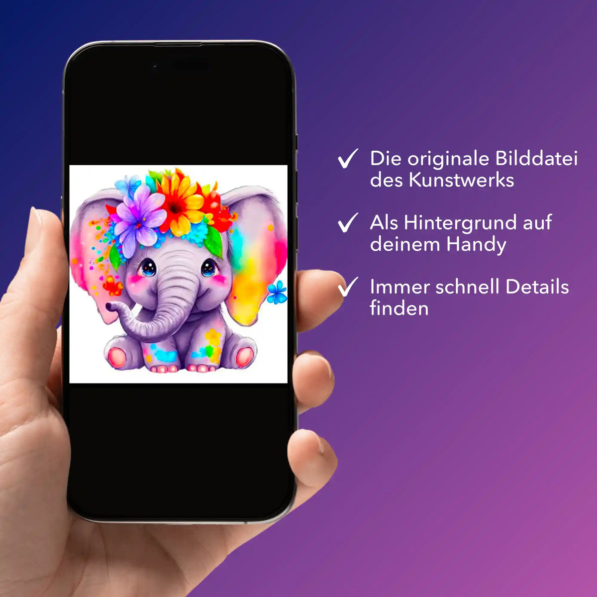 Digitale Picmondoo Bildmappe mit Blumenelefant-Motiv für Diamond Painting und Malen nach Zahlen auf einem Smartphone