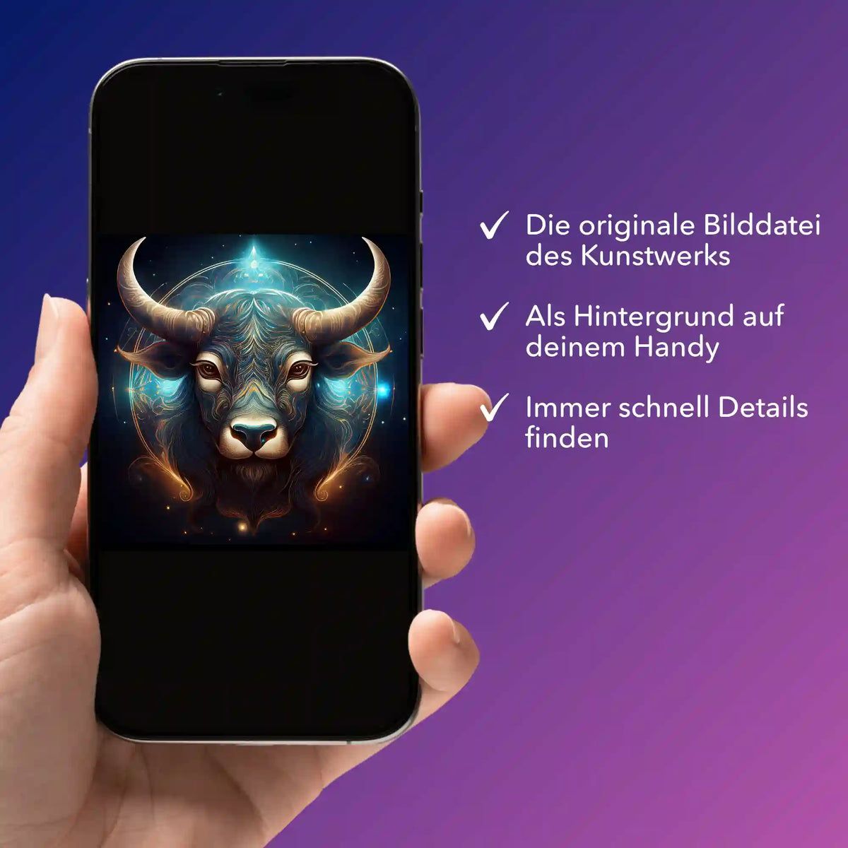 Digitale Bildmappe zum Diamond Painting Sternzeichen Stier auf dem Smartphone zur Ansicht von Motivdetails