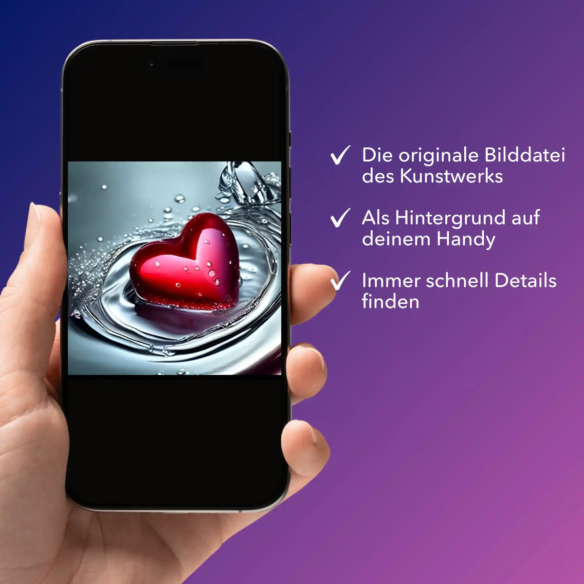 Digitale Picmondoo Bildmappe mit Waterheart Motiv auf dem Smartphone für Diamond Painting und Malen nach Zahlen Fans