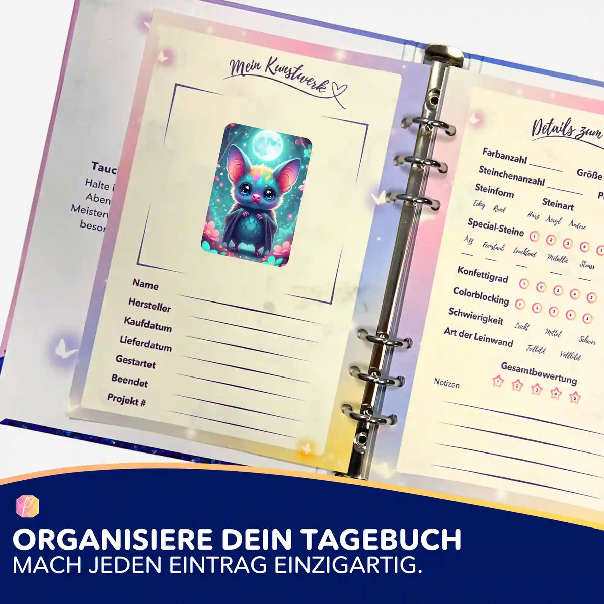 Freddy Fledermaus Aufkleber für Diamond Painting Tagebuch zur Organisation von DIY-Kunstwerken und Malen nach Zahlen