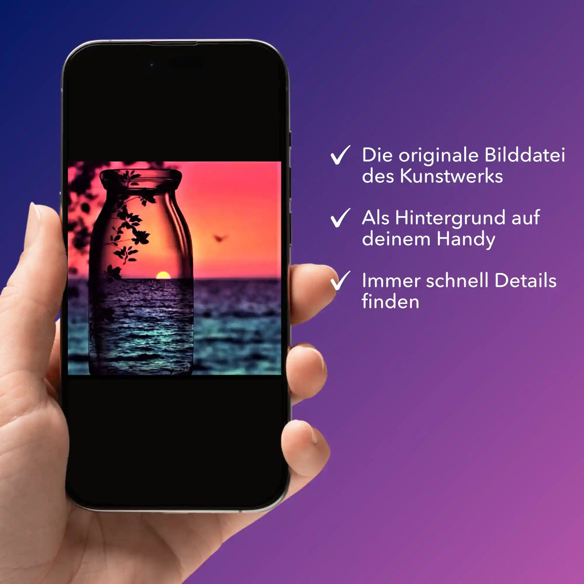 Digitale Bildmappe für Diamond Painting Motiv Roter Sonnenuntergang in einer Flasche auf dem Smartphone betrachtet