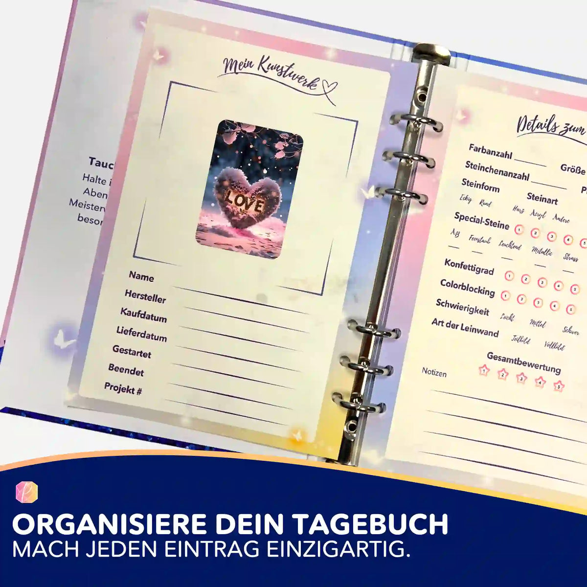 Picmondoo Sticker Love für Diamond Painting Tagebuch zur Organisation von DIY Projekten und Kunstwerken