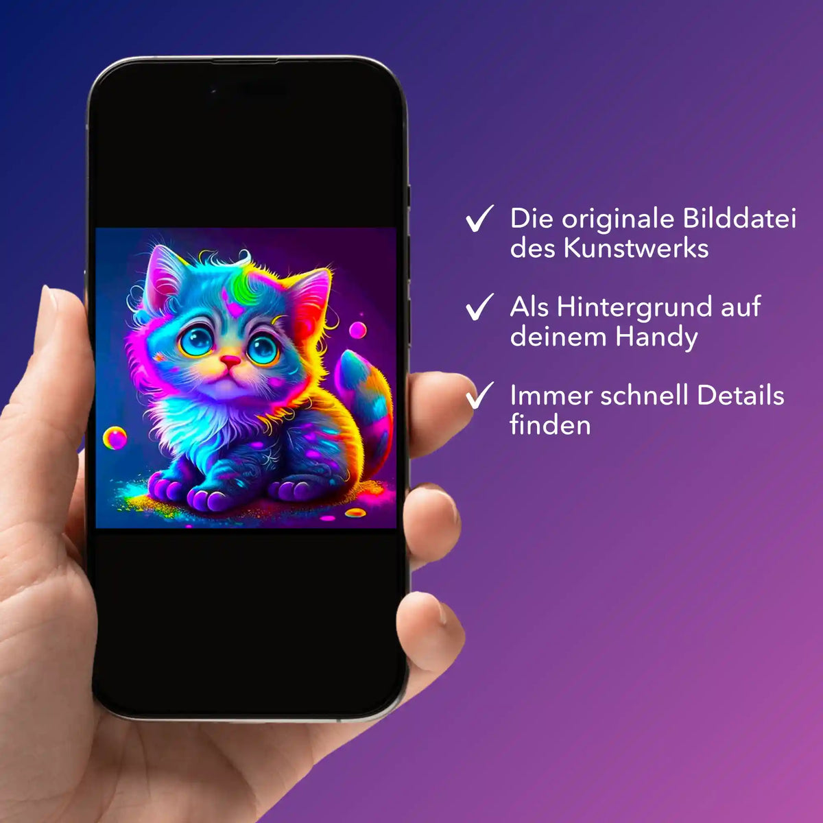 Smartphone mit digitaler Rainbow Kitty Bildmappe für Diamond Painting und Malen nach Zahlen Motive