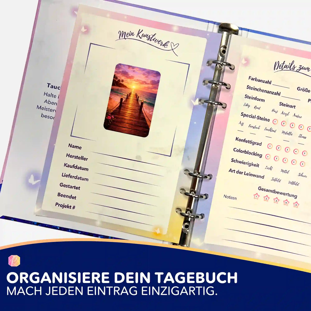 Diamond Painting Tagebuch Sticker-Set für die Organisation von Projektdetails und Kunstwerken am Strandmotiv