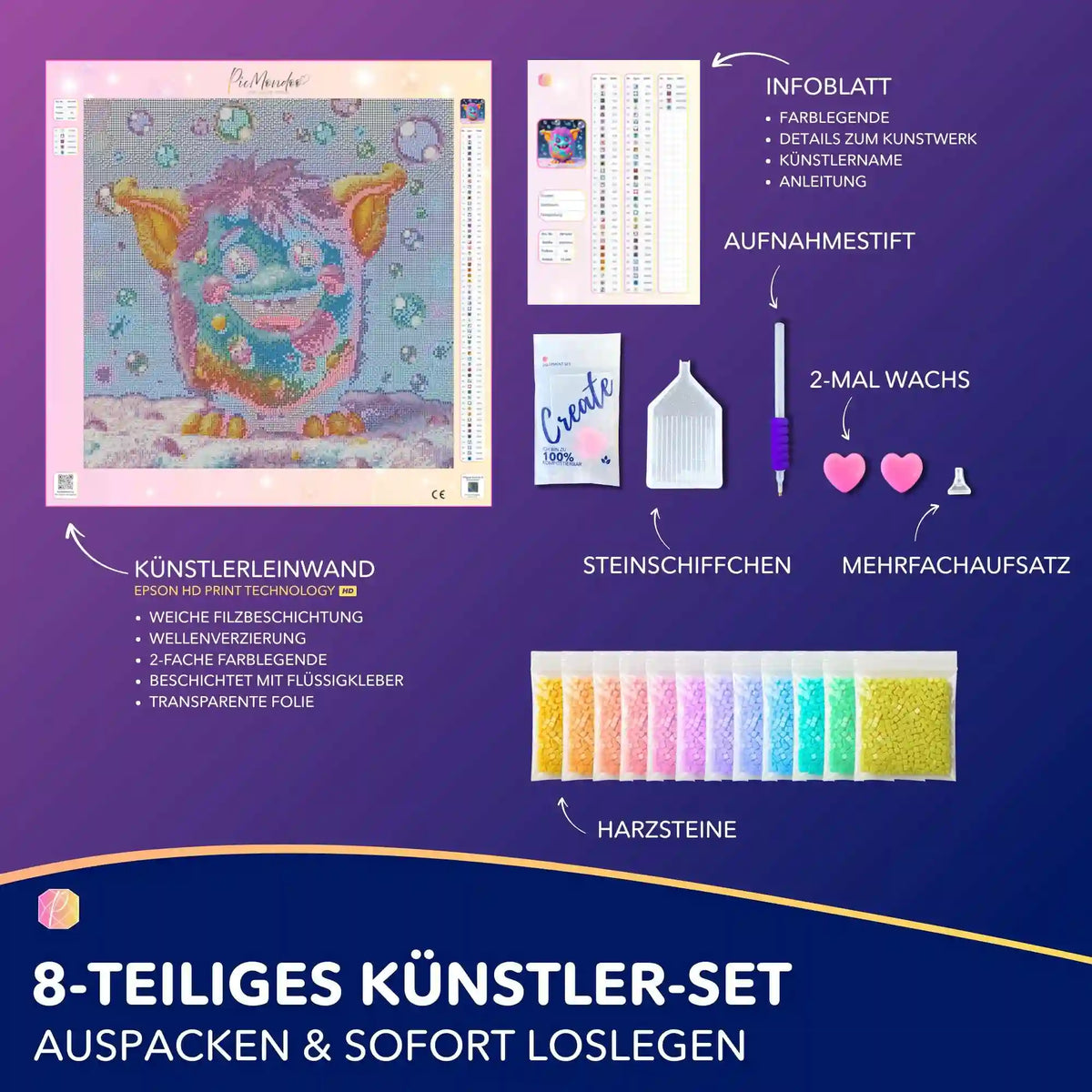 Diamond Painting Set Grinsebacke mit buntem Monster-Motiv, Zubehör, Leinwand und eckigen Harzsteinen für kreative Bastelprojekte