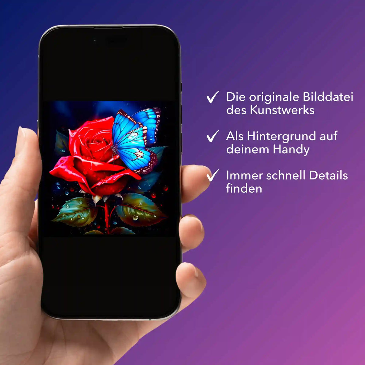 Smartphone zeigt digitale Diamond Painting Vorlage mit roter Rose und blauem Schmetterling als Motiv-Bildmappe