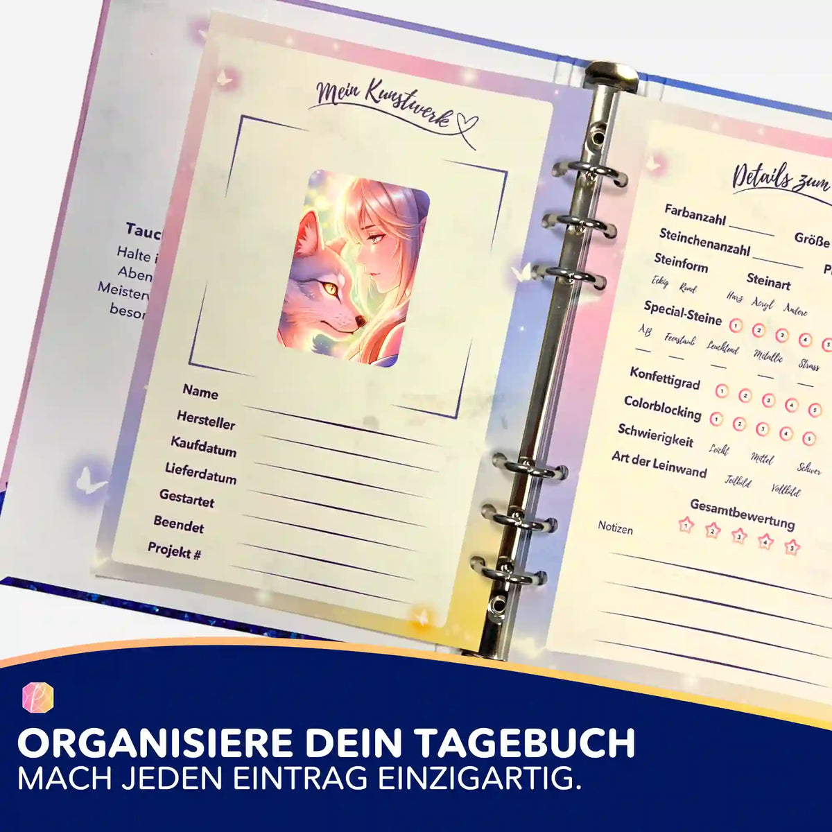 Diamond Painting Tagebuch Sticker mit Wolf-Motiv zur Organisation von Diamond Painting Sets und Kunstwerken